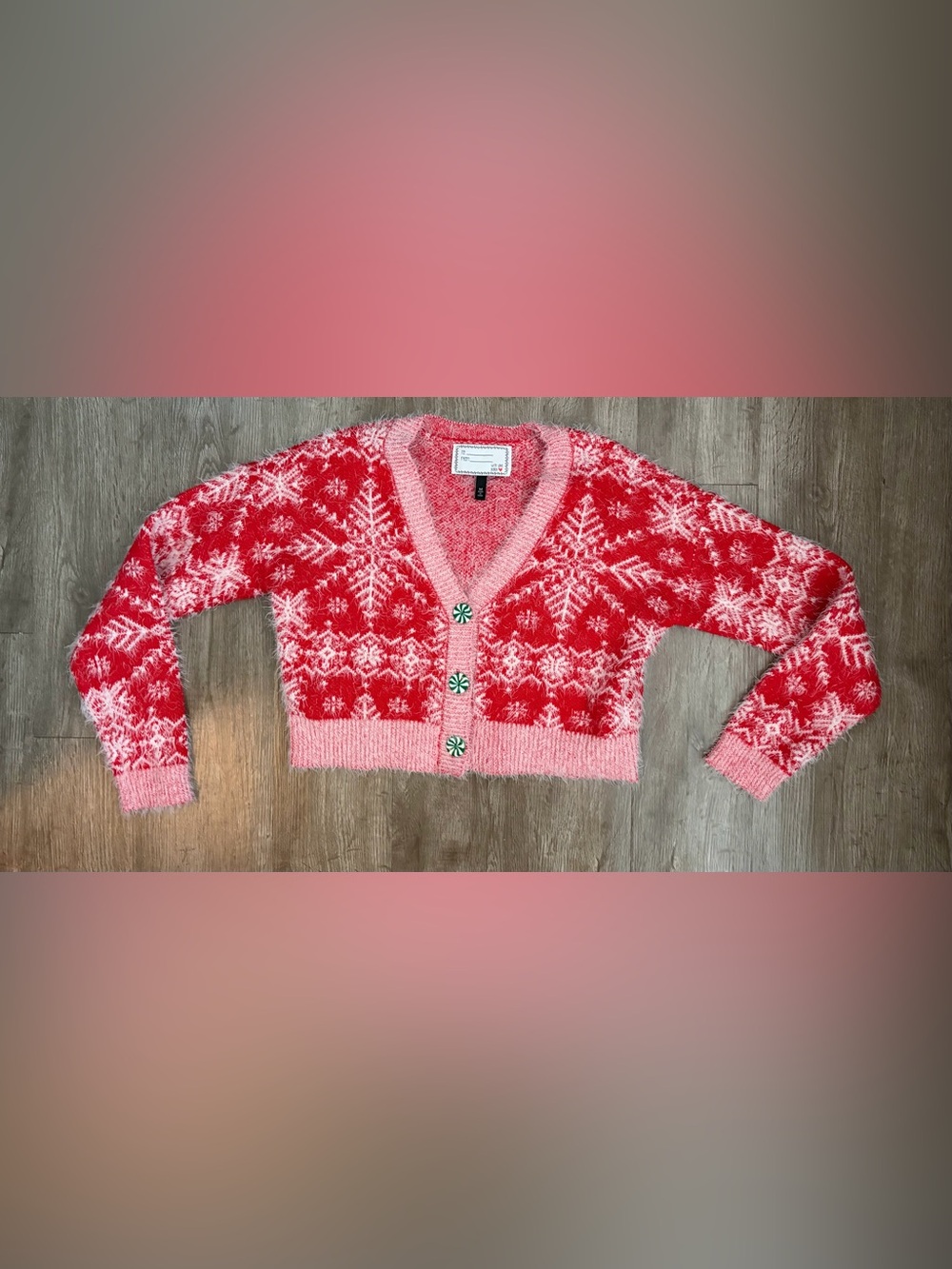 Red & Pink Snowflake Fuzzy Knit Holiday Cropped Cardigan Size M